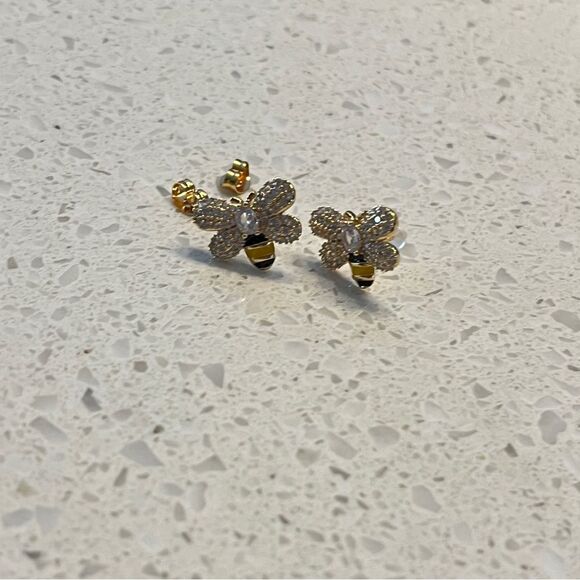 Stainless Steel Cubic Zirconia Bee Stud Earrings - Picture 7 of 9
